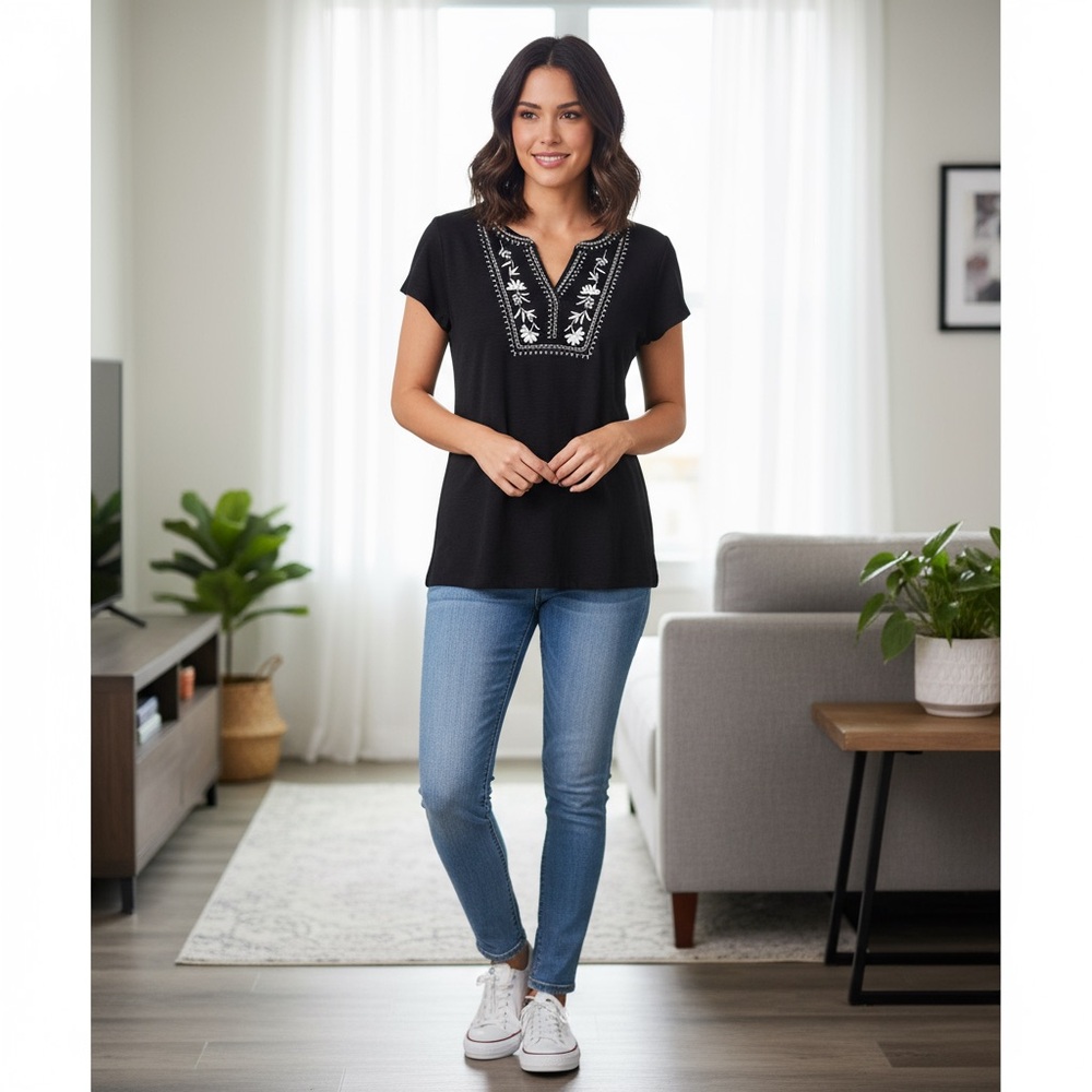 NWT Talbots Black Embroidered Tee Cap Sleeve S